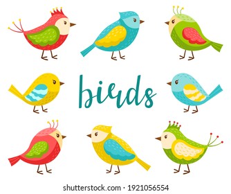 A set of bright cute birds. A collection of cartoon spring birds in a flat style. Design elements for spring, summer, and childrens themes. olor vector illustration Isolated on a white background.