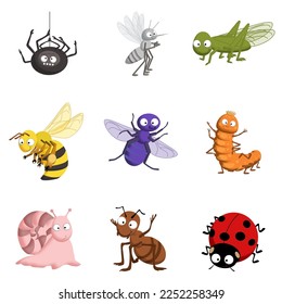 Set of bright cute cartoon insects: ladybug, caterpillar, spider, grasshopper, snail, ant