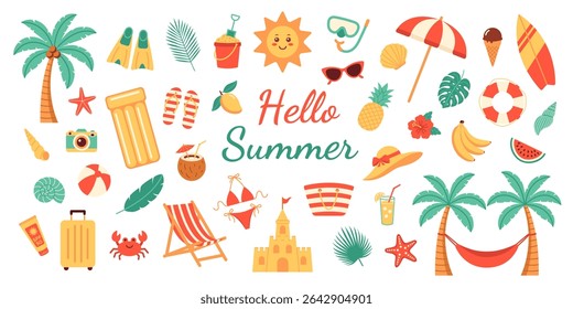 Set of bright and cute cartoon summer holiday beach elements. Collection flat icons for vacation, beach holiday, weekend and summer time concept. Hand drawn modern items, signs for card, scrapbooking.