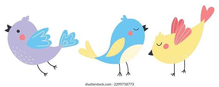Set of bright cute colorful birds with spring flowers. Vector birds are drawn in a modern style. Illustrations for postcard, banner and poster templates. Birds isolated on white background