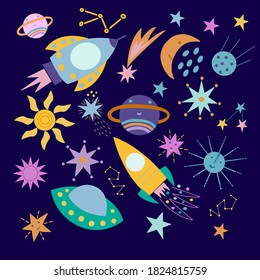 Set of bright cute elements of space - rockets, planets, comets, stars, sun. Image on a dark blue background, in vector graphics. For the design wallpaper, postcards, posters, wrapping paper, cover.