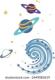 Set of bright cute elements of space - planets, comets, stars, galaxy. Image on a white background, in vector graphics. For the design wallpaper, postcards, posters, wrapping paper, cover.