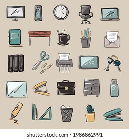 A set of bright cute icons on the topic of work, freelancing, remote work, office, study, education. Stationery, gadgets, furniture. Isolated vector objects.