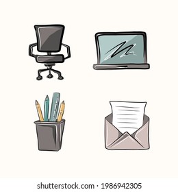 A set of bright cute icons on the topic of work, freelancing, remote work, office, study, education. Stationery, gadgets, furniture. Isolated vector objects.