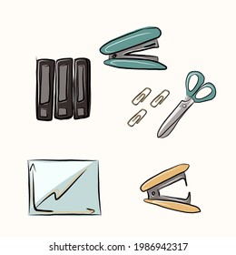 A set of bright cute icons on the topic of work, freelancing, remote work, office, study, education. Stationery, gadgets, furniture. Isolated vector objects.