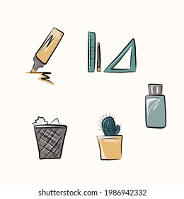 A set of bright cute icons on the topic of work, freelancing, remote work, office, study, education. Stationery, gadgets, furniture. Isolated vector objects.