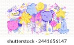 Set of bright cute, kawaii design elements. Anime style characters, cat, bear, flowers. Hand drawn brush strokes, splatters.
