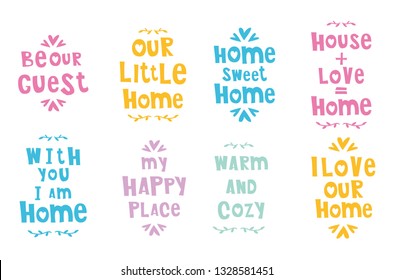 A set of bright cute phrases or lettering in houses silhouettes - 
