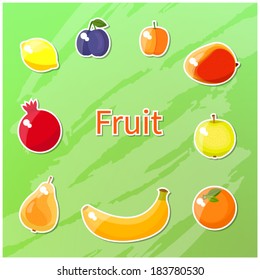 Set of bright cute pictures of different fruit. Vector, isolated on green background. 