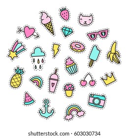 Set of bright cute pins. Vector hand drawn cartoon objects