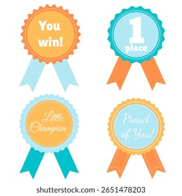 A set of bright cute prize medals for children with motivational phrases