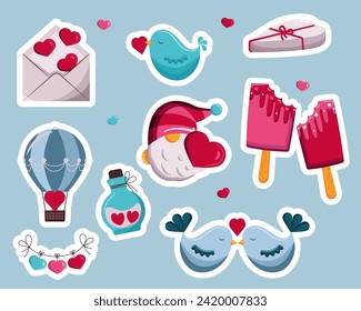 A set of bright, cute stickers for Valentine's Day.