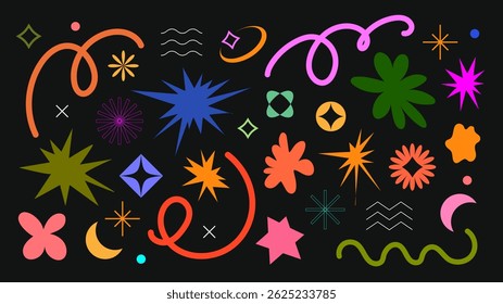 Set of bright decorative abstract elements in a flat style on a dark background. Suitable for social media design, collages, presentations, posters and creative content.