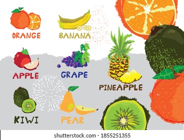 A set of bright decorative fruits. Orange, grape, Apple, kiwi, banana, pear and pineapple. Vector illustration.