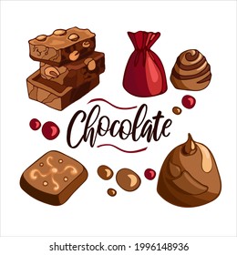 Set bright delicious pieces of milk chocolate with nuts, candies, dragees. Celebrate World Chocolate Day. Vector illustration of dessert food. For packaging, menu, cookbook, postcard, banner, poster.
