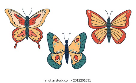 Set of bright different butterflies. Vector illustration isolated on white background.