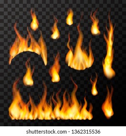 Set of bright different fire flames on transparent background