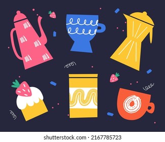 A set of bright dishes. Kitchen dishes. Vector illustration in doodle style.