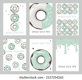 A set of bright donut cards. A set of donuts with colored glaze and candy. Seamless drawing, background, postcard, poster. 6 templates for design.