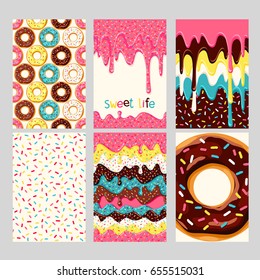 Set of bright donut cards. Set of donuts with pink, chocolate, white, yellow, blue mint glaze. seamless pattern, background, card, poster. Template for design