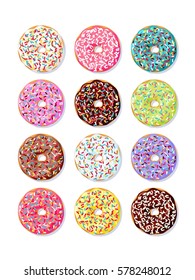 Set of bright donuts with multicolored glaze and colorful sprinkles