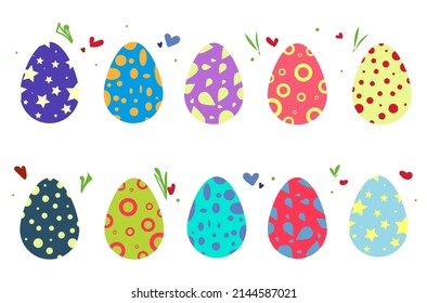 Set of bright Easter eggs. Colored ornaments, heart and grass. Vector graphics. Easter eggs with a geometric pattern.