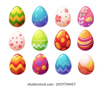 Juego de huevos de Pascua brillantes con diferentes patrones. Ilustración vectorial en estilo de dibujos animados para vacaciones