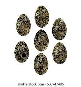 Set of Bright Easter Eggs with Golden decoration in Orient Style. 