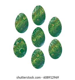 Set of Bright Easter Eggs with Golden Decor. Orient Mandala Ornament on Eggs