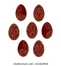 Set of Bright Easter Eggs with Golden Decor. Orient Mandala Ornament on Eggs