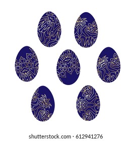 Set of Bright Easter Eggs with Golden Decor. Orient Mandala Ornament on Eggs