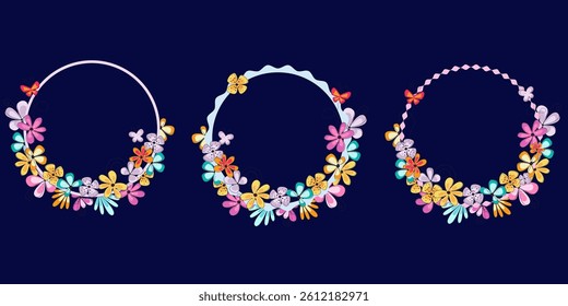 Set of bright easter frames with colorful flowers and butterflies. Easter celebration background. Spring frame for card, invitation.