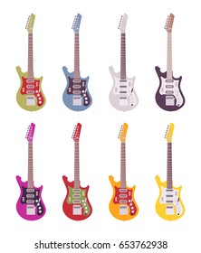 Set of bright electric guitars, modern stringed musical instrument, premium dream model for studio professional, amateur, beginner. Vector flat style cartoon illustration, isolated, white background