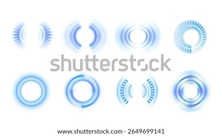 Set of bright energy indicators with blue glow on white background. Vector HUD elements for games, apps, interfaces and futuristic concepts.