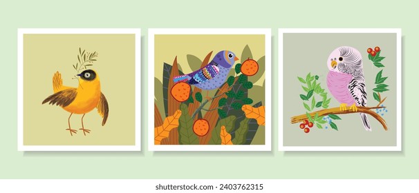 Set of bright exotic tropical birds on trees, branch, forest hand drawn vector illustration.