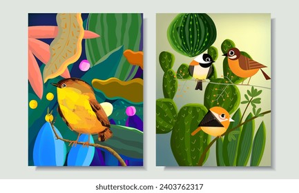 Set of bright exotic tropical birds on trees, branch, forest hand drawn vector illustration.