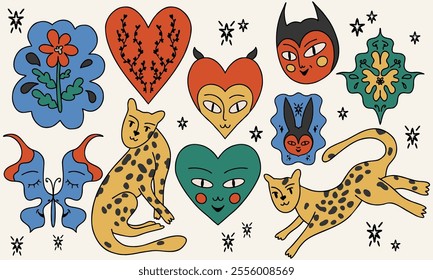 A set of bright, fancy stickers. Plants, leopard, heart, face, demon, butterfly, cat, plants. Tattoo sketch, vector illustration. Boho-hippie style.