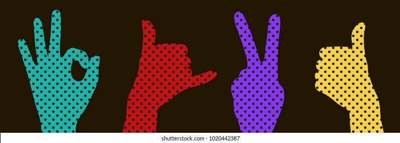 Set of bright female hands on a black background. Symbols. Vector illustration.