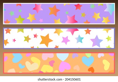 A set of bright festive banners or bookmark with a pattern of stars and hearts