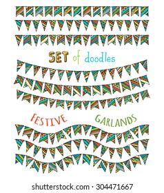 Set of bright festive bunting and garlands isolated on white background. Doodles hand-drawn various garlands for your festive design.