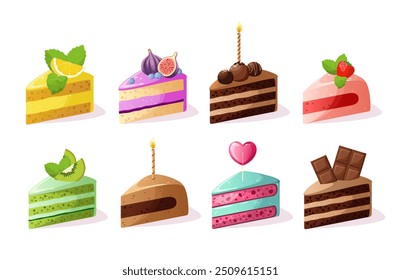 A set of bright festive cake pieces on a white background. Vector illustration.
