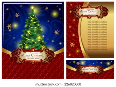 Set of a bright festive Christmas greeting card, an envelope and the certificate In classic style. Possible to use for banners, posters, decoration, booklets, etc.A vector illustration.