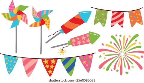 Set of bright festive elements. Colorful flat collection of party things