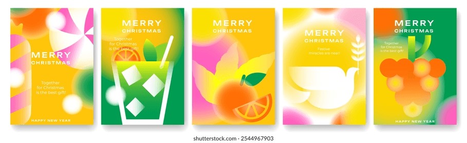 A set of bright festive New Year's cards with a modern design. Elements in the style of tropical Christmas with fruit motifs, blurred shapes and a gentle gradient. Ideal for regions with warm winters.