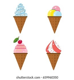 Set of bright and festive, tasty ice cream isolated on white background. Flat vector cartoon illustration for postcards, stickers, prints, posters, decorations, labels, cloth.
