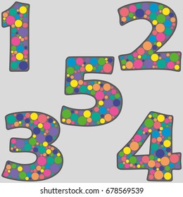 A set of bright figures from multi-colored circles. One two three four five. For registration and design of holidays, greeting cards.
