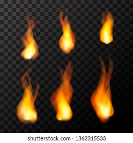 Set of bright fire flames on transparent background