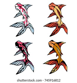 A set of bright fish with big fins. Vector color image isolated on white.