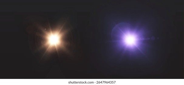 Set of Bright Flashes of Light with Glare and Light Scattering on Dark Background. Glow Elements for Visual Effects. Vector