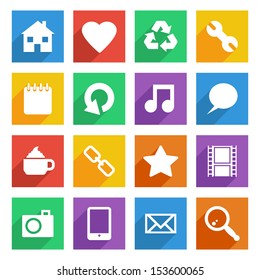 set of bright flat color icons with long shadows, isolated on white